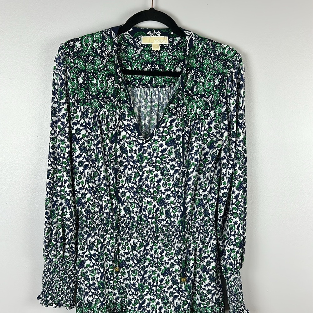 MICHAEL Michael Kors Boho Tiered Mix Print Peasant Midi Dress Medium Blue Green - Picture 3 of 12